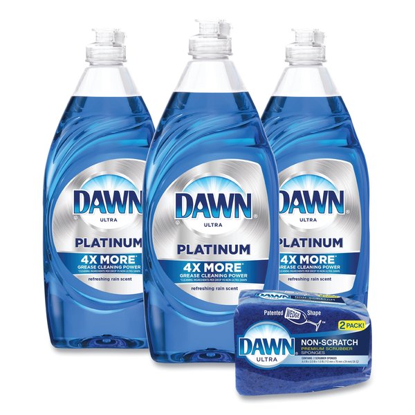 Dawn Platinum Liquid Dish Detergent, Refreshing Rain Scent, 24 oz Bottles Plus (2) Sponges/Carton, 3PK 49041